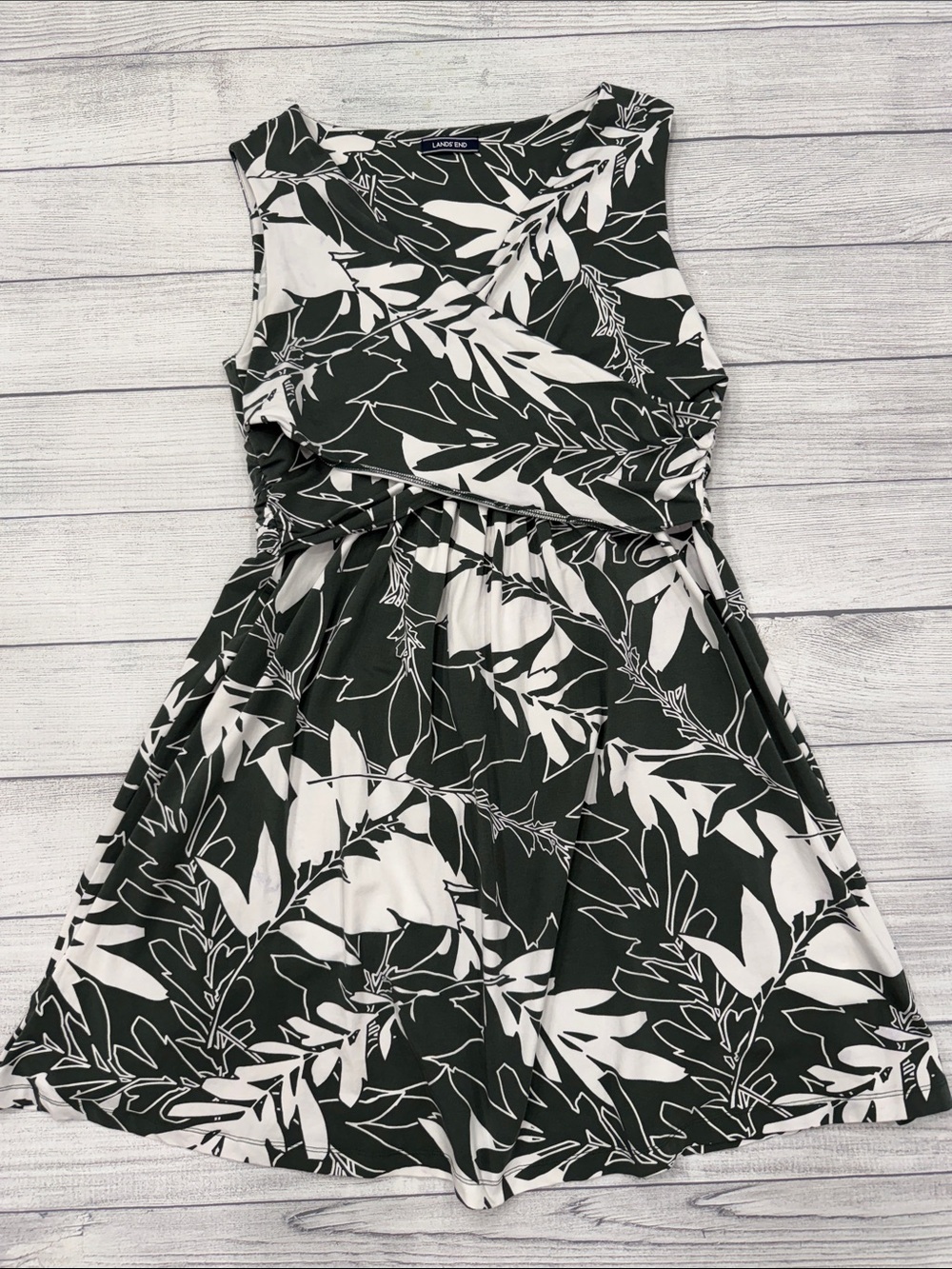 Lands’ End Black White Floral Twist Front Fit & Flare Dress Large